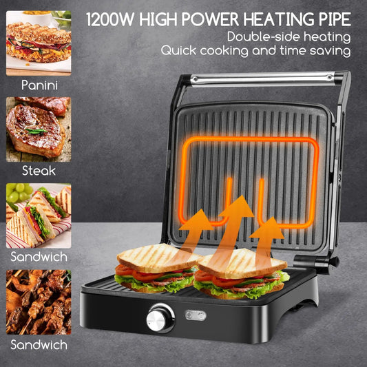 Panini Press, 4 Slice Grill Sandwich Maker and Griddle Grill Combo with Temp Control, Opens 180° for Indoor BBQ /Flat Top Grill