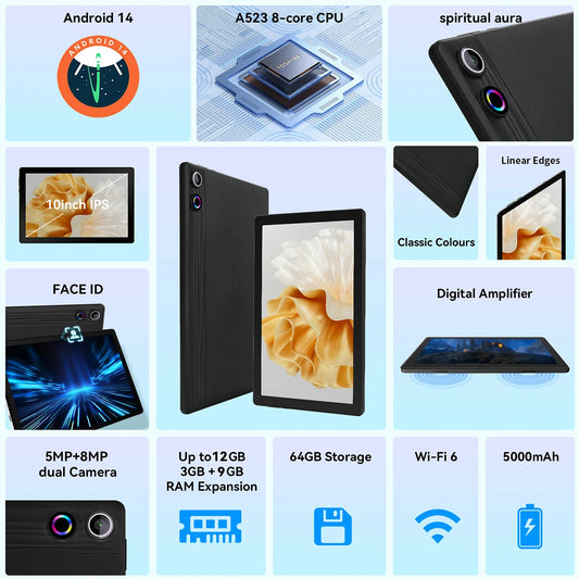 A10L 10-Inch Android 14 Tablet – 12GB RAM + 64GB Storage | Octa-Core CPU | Face Unlock | Keyboard, Mouse & Stylus Bundle