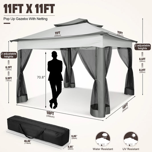 11x11FT Pop Up Gazebo Canopy Tent with Mosquito Netting & Carry Bag