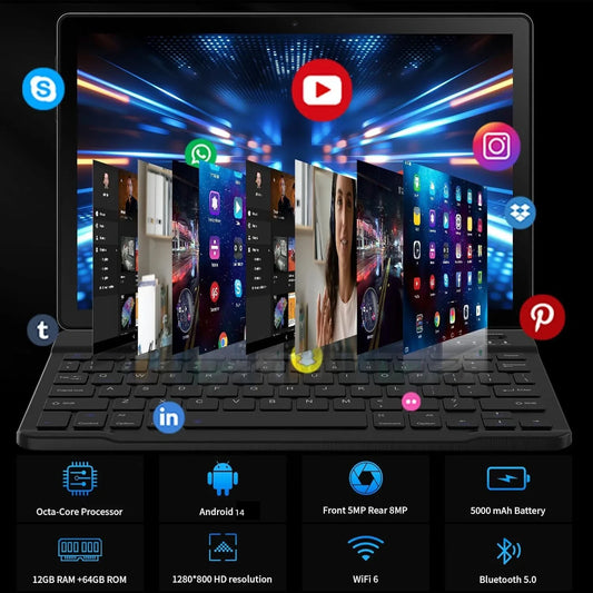AEEZO A10L 10.1 Inch Android 14 Tablet HD IPS Screen Octa-Core 12GB+64GB Stylus Keyboard Mouse Headphones Tablets Android 2025
