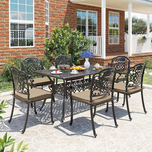 Vintage 7 Piece Cast Aluminum Patio Dining Set – Outdoor Garden Table and 6 Stackable Chairs with Umbrella Hole