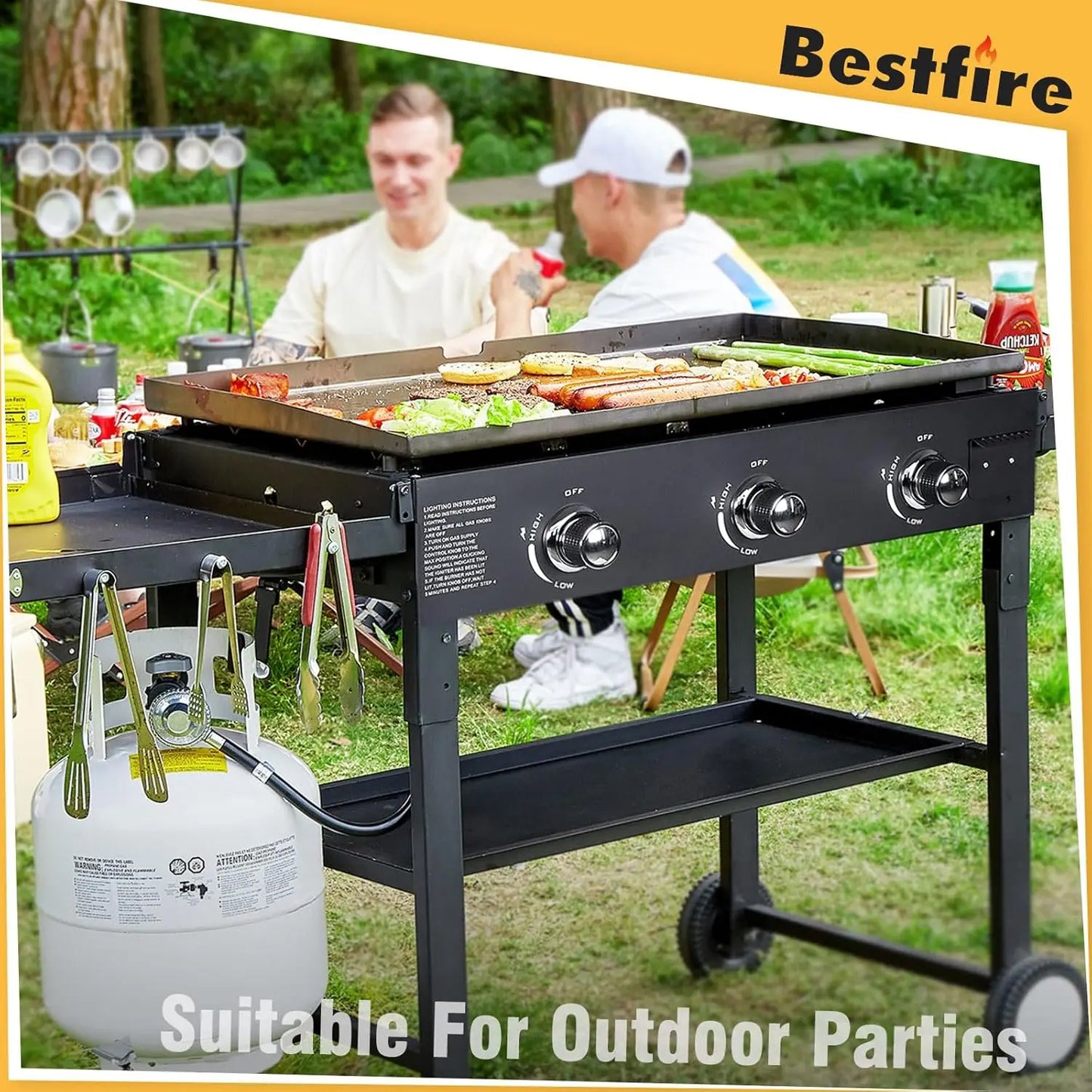 Foldable Flat Top Grill with 3 Burners and Dual Folding Shelves – 36" Outdoor Propane Griddle – 45,000 BTU High-Performance BBQ Grill
