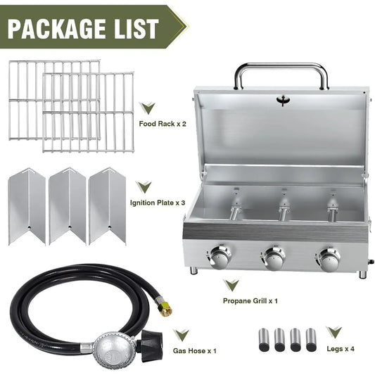 Portable Propane Gas Grill with 3 Burners, 30,000 BTU, Durable Thick Grates and Stainless Steel Controls