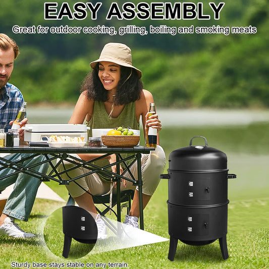 Vertical Charcoal Smoker with Built-in Thermometer – 3-Tier BBQ Smoker Grill with 2 Access Doors – Round Portable Smoker for Camping, Backyard, and Outdoor Cooking