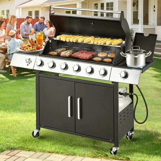 60000 BTU Stainless Steel 6 Burner Propane BBQ Grill with Side Stove – Cast Iron Grates – Outdoor Patio Gas Grill for Backyard, Camping & Tailgating – 600 Sq. In. Cooking Area