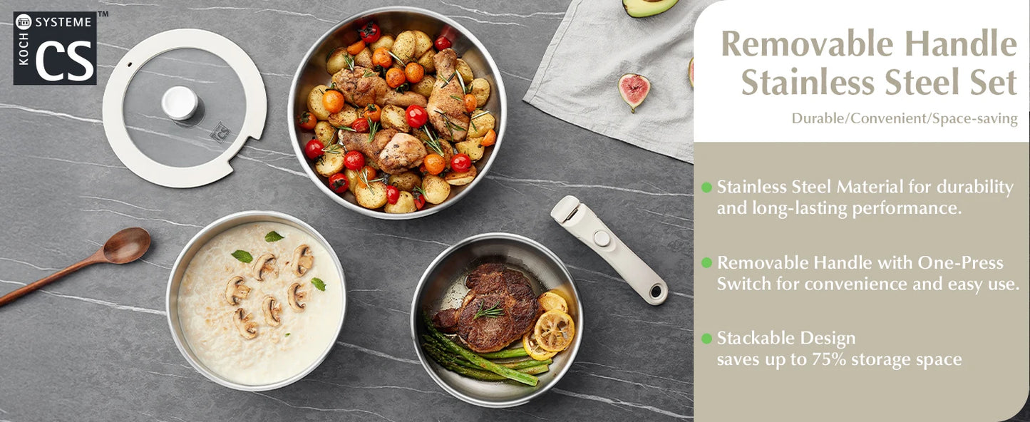 KOCH SYSTEME CS 7-Piece Stainless Steel Cookware Set with Detachable Handle – Induction Ready, Oven Safe, Space-Saving Design