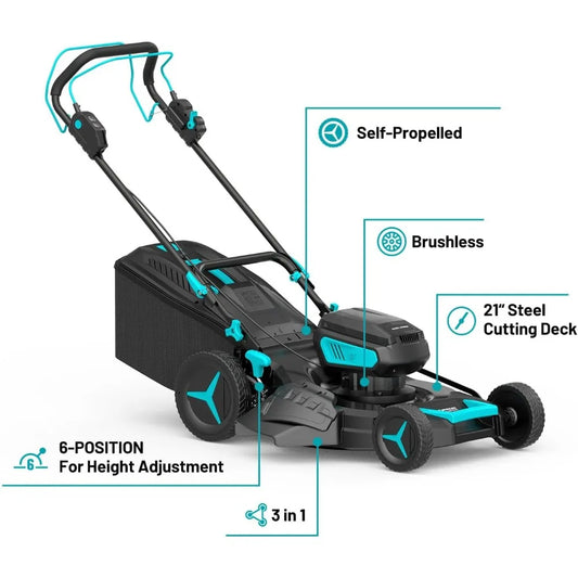 2 * 20V 21 inch Self-Propelled Lawn Mower Cordless, 3-in-1 Brushless Electric Lawn Mower with 6-Position Cutting Height Adjustme