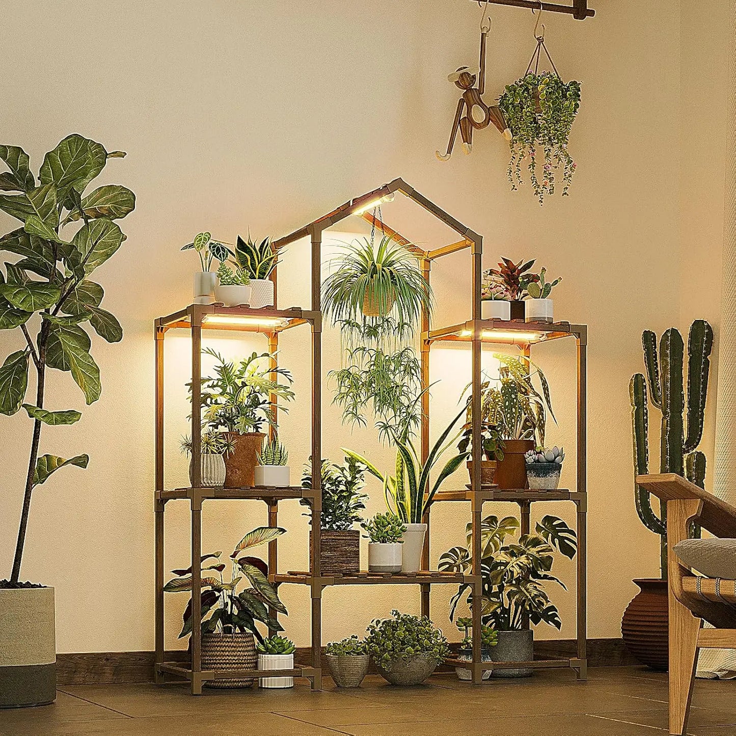 Wood Plant Shelf with Grow Lights Indoor Multi-Tier Plant Stand for Hanging Planters, Living Room Patio Garden Display Rack