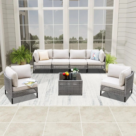 7-Piece Patio Rattan Furniture Set with Armchairs, Armless Chairs & Table