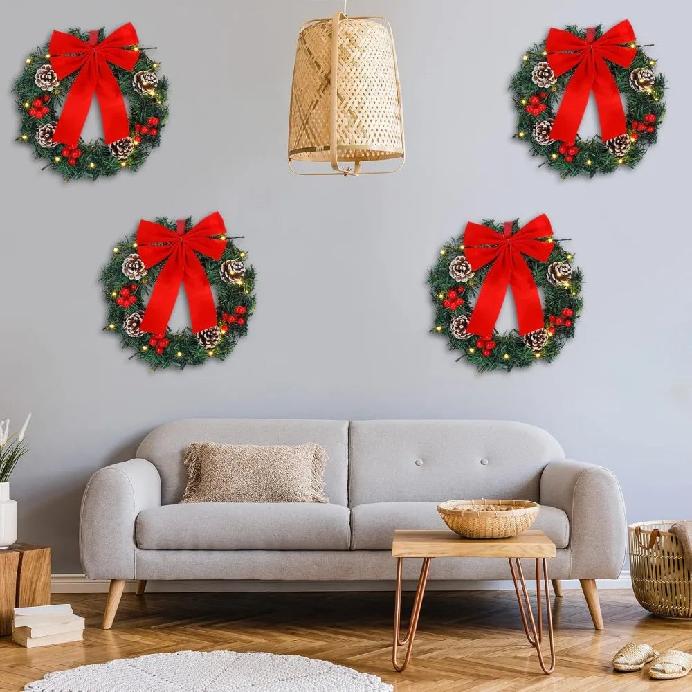 Illuminated Christmas Wreaths, 12-Inch Pre-Lit Miniature Holiday Wreaths with Oversized Bows, Battery-Powered LED Pine Needle Wr