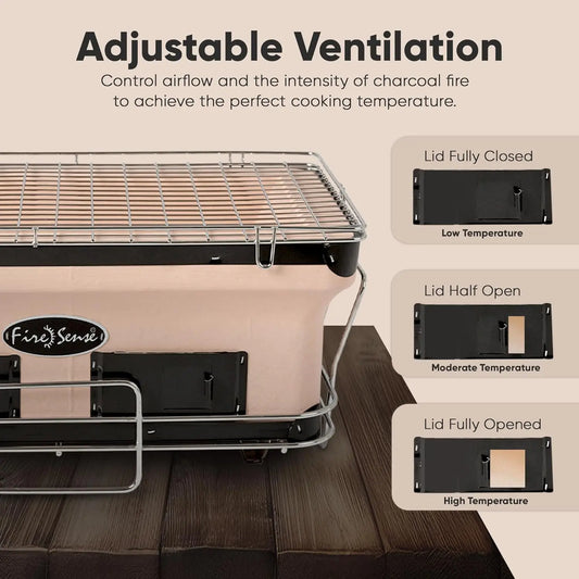 Yakatori Japanese Tabletop Charcoal Grill – Handmade Clay BBQ with Adjustable Vents, Chrome Cooking Grate & Internal Charcoal Trays | 18” Tan Outdoor Grill