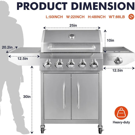 Llamaviva 5 Burner Propane Gas Grill with Side Burner,Stainless Steel BBQ Grill with Porcelain-Enameled Cast Iron Grates
