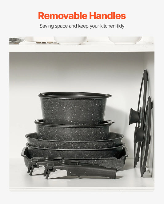 VEVOR 17-Piece Nonstick Cookware Set – Granite Stone Coating, Removable Handle, Induction Compatible, Space-Saving Design