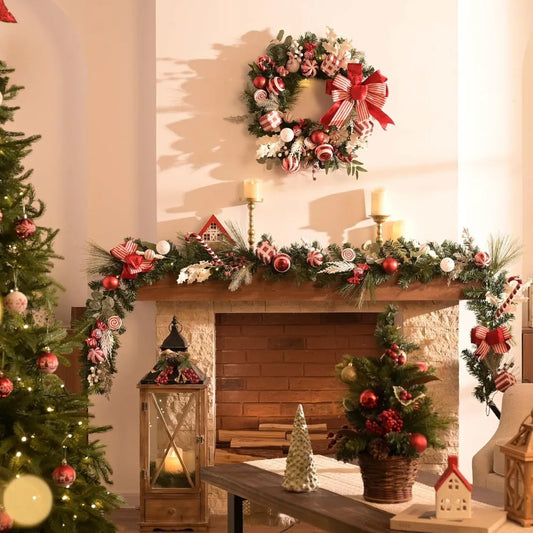 Large Outdoor Red & White Decorated Lighted 24 Inch Pre-Lit Front Door Christmas Wreath Christmas Decor