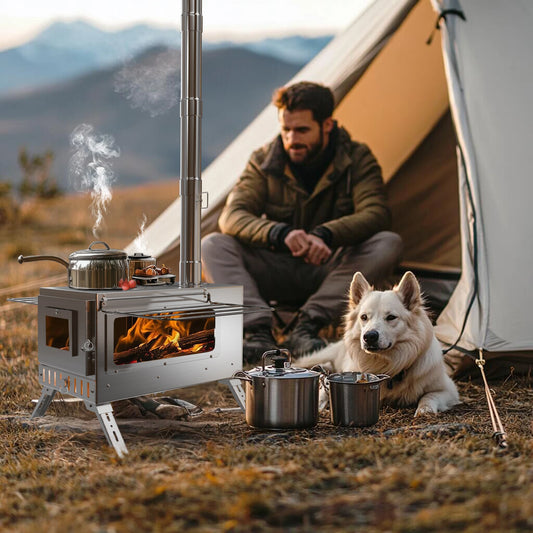 UNHO Portable Stainless Steel Wood Burning Camp Stove – Foldable Tent Heater & Cooker with Chimney Pipes & Accessories