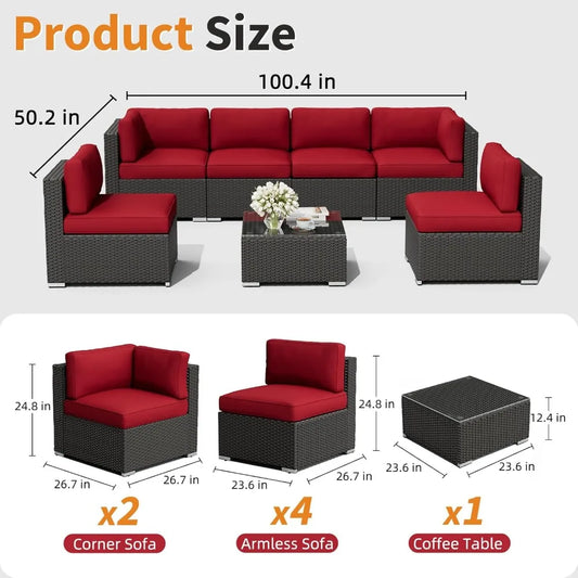 7-Piece Outdoor Patio Furniture Set – Black Rattan Wicker Sectional Sofa with Red Cushions & Glass Coffee Table