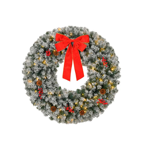 24" Christmas Wreath with Remote Lighted Snow Flocked Artificial Xmas Wreath Warm Lights Ornaments for Door Gate Wall Party Deco