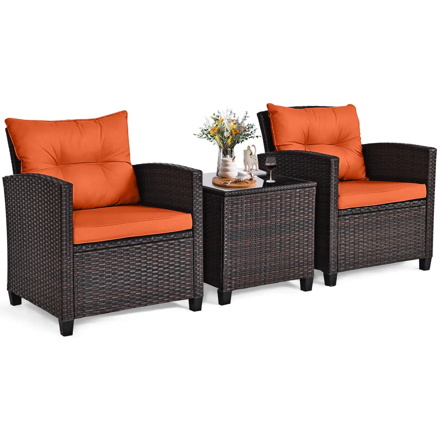 3-Piece Rattan Patio Furniture Set with Cushions and Tempered Glass Table – Outdoor Wicker Conversation Set for Balcony, Garden, or Porch – Orange Cushions