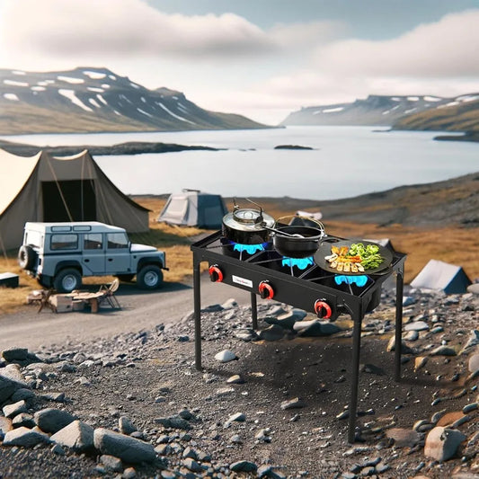 3 Burner High Pressure Propane Camping Stove, 105,000 BTU Outdoor Gas Stove with Cast Iron Burners, Portable 28-Inch Stove for Camping, Backyard & Outdoor Cooking