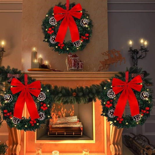 Illuminated Christmas Wreaths, 12-Inch Pre-Lit Miniature Holiday Wreaths with Oversized Bows, Battery-Powered LED Pine Needle Wr