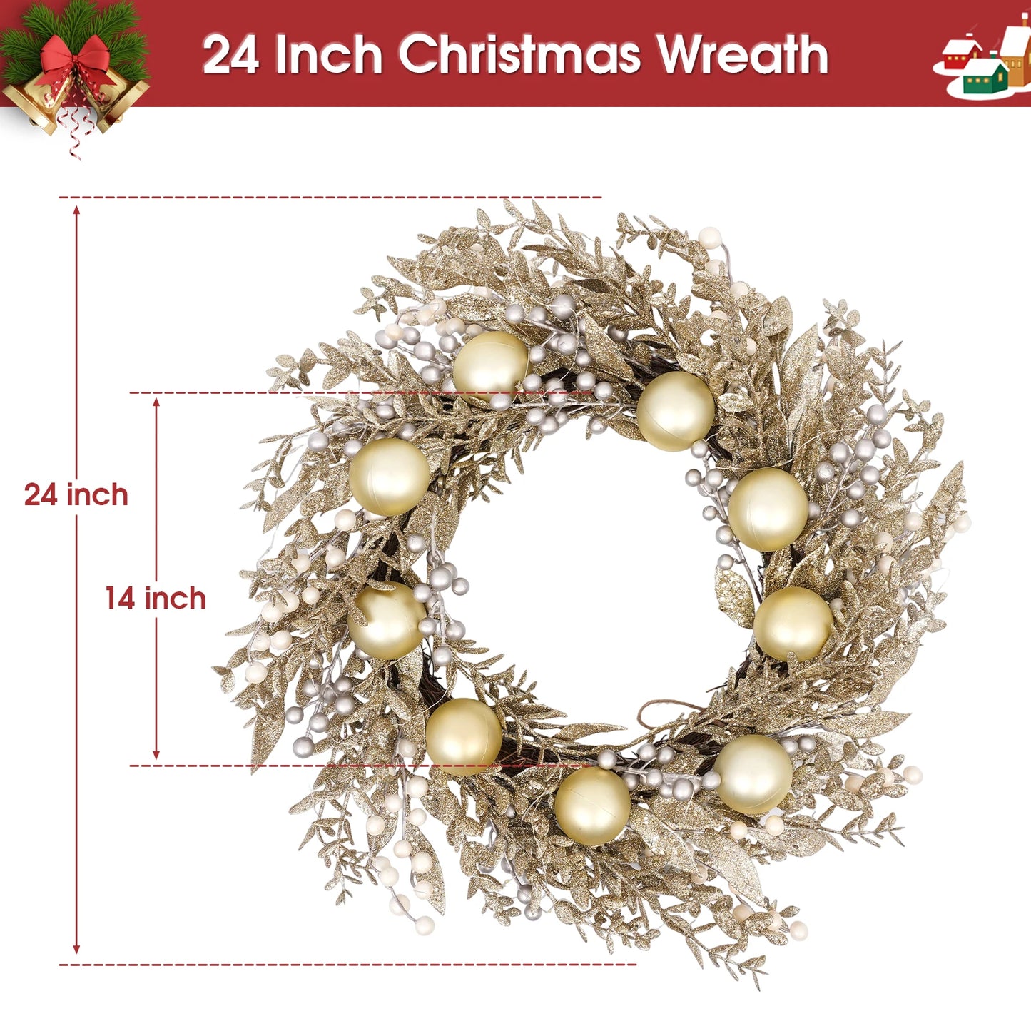 24-Inch Battery-Operated Christmas Wreath, 50 LED Lights & Shatterproof Mix, Easy Outdoor Door Decoration Christmas, New Year