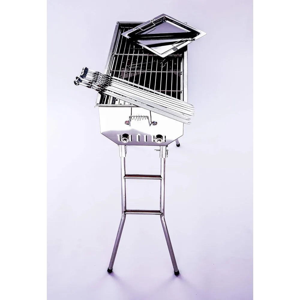 Stainless Steel Charcoal Grill Mangal with 10 Skewers – Foldable Shish Kabab BBQ Barbecue Shashlik Set