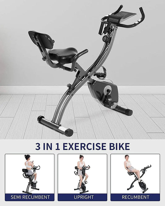 3-in-1 Folding Exercise Bike Stationary Bike with Magnetic Resistance, LCD Monitor & Resistance Bands for Home Use