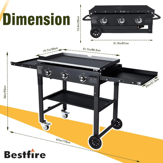 Foldable Flat Top Grill with 3 Burners and Dual Folding Shelves – 36" Outdoor Propane Griddle – 45,000 BTU High-Performance BBQ Grill