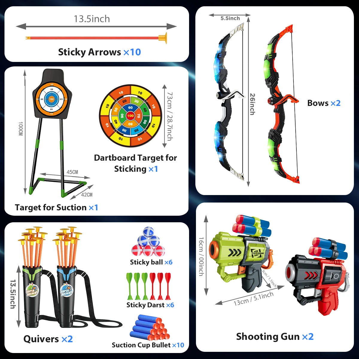 VATOS 2X Bow Arrow + Guns Toy For Kids Night-Light Archery Stand Target Board Indoor Outdoor Game Toys Boys Girls Gift
