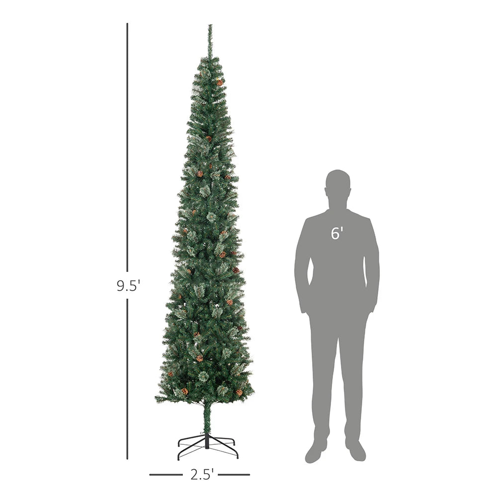 6.5 / 7.5 / 9.5ft Green Slim Pencil Christmas Tree with Realistic Branches, Pine Cones & Metal Base,