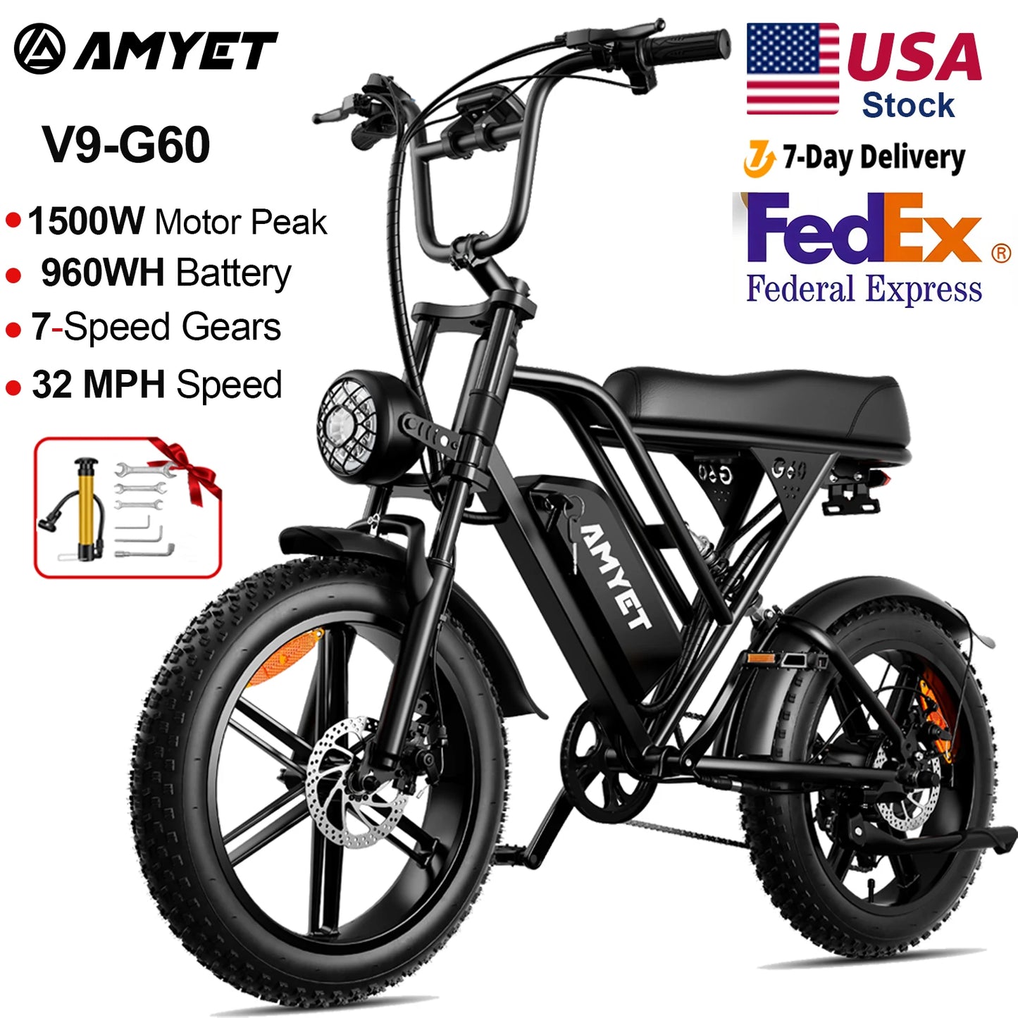 AMYET V9-G60 Electric Bike โ 1000W Motor, 48V 20Ah Battery, Fat Tire E-Bike with Shimano 7-Speed & Dual Suspension