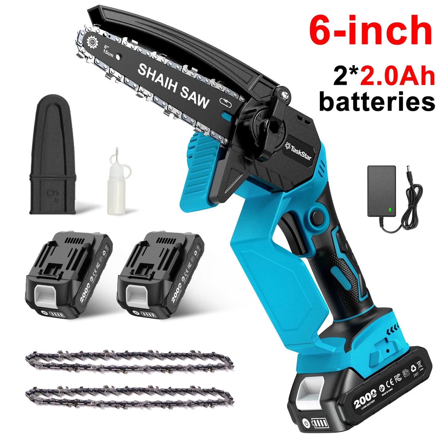 TaskStar 12" Cordless Electric Chainsaw with 2 x 4000mAh Batteries – Brushless Motor, Tool-Free Tensioning, Lightweight & Portable