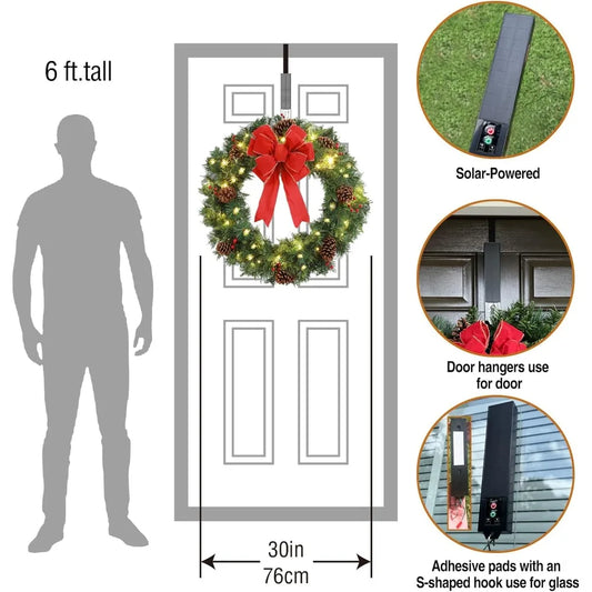 Pre-Lit Artificial 70 LED Solar Christmas Wreath, 30 Inch Outdoor Door Window Decor with Frosted Branches