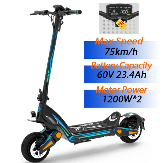 DT06 Dual Motor Electric Scooter – 2400W Power, 70KM/H Speed, 70KM Range, Hydraulic Suspension, Foldable Off-Road E-Scooter with NFC, LED Display & Turn Signals