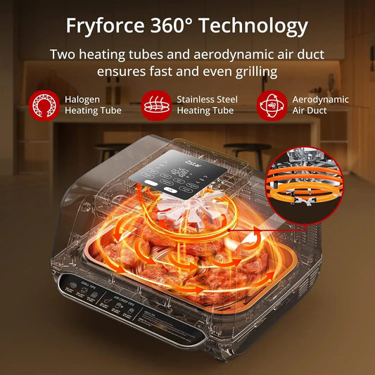 7-in-1 Smokeless Indoor Electric Air Grill Fryer Combo with See-Through Window Removable Plates,up to 450°F,1750W,Even Heat,4Qt