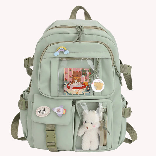 Kawaii Nylon College Backpack with Plush Pendant and Pins – Large Capacity Student Schoolbag