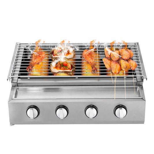 Portable 4-Burner Stainless Steel LPG Gas Grill – Smokeless Tabletop BBQ Grill with Adjustable Height and Removable Grate for Outdoor Cooking