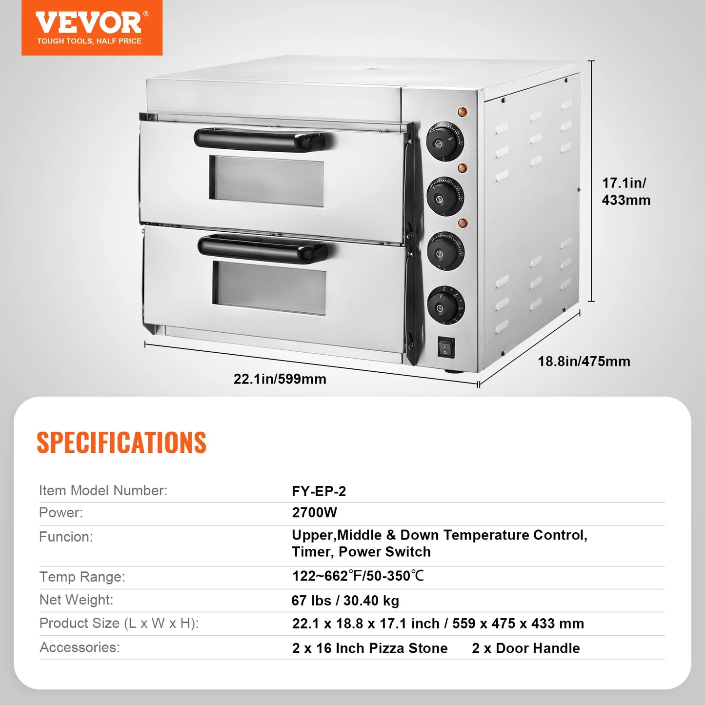 VEVOR 16" Countertop Electric Pizza Oven with Dual Heating Tubes & Adjustable Temp Control, Stainless Steel Commercial Pizza Maker