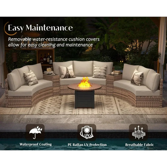 Patio Furniture Sets, 11 Piece Half-Moon Sectional Round Sofa Set, Outdoor Patio Furniture with Cushions & Wedge Table