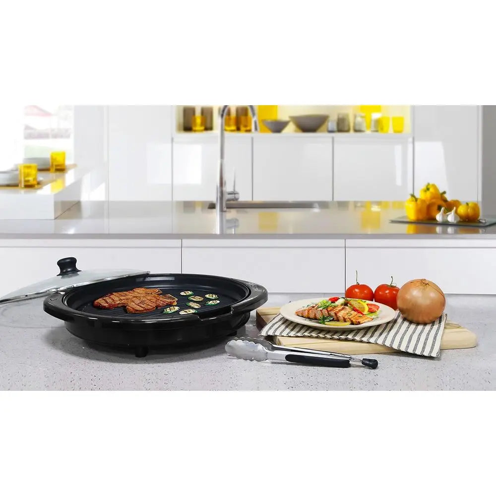 EMG-980B Smokeless Electric Tabletop Grill Nonstick, 6-Serving, Dishwasher Safe Removable Grilling Plate, Indoor Grill with Tempered Glass Lid
