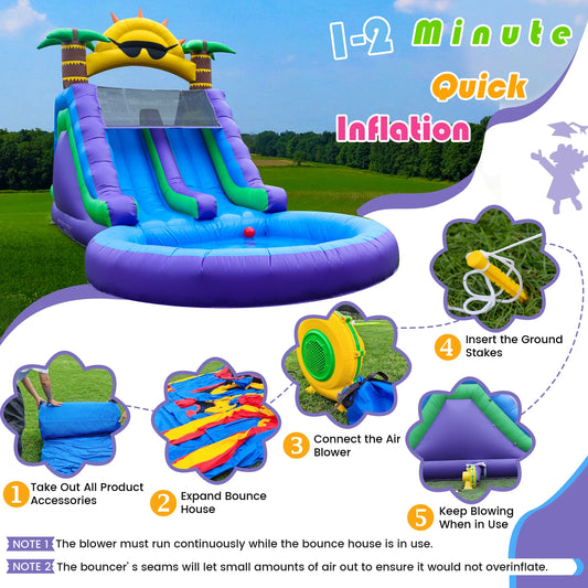 Inflatable sunflower water slide with splash pool, double slides, and air blower
