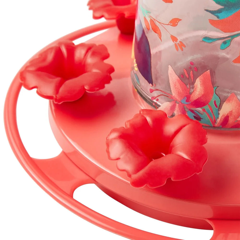 20oz Floral Glass Hummingbird Feeder with 6 Leakproof Feeding Ports & Ant Moat