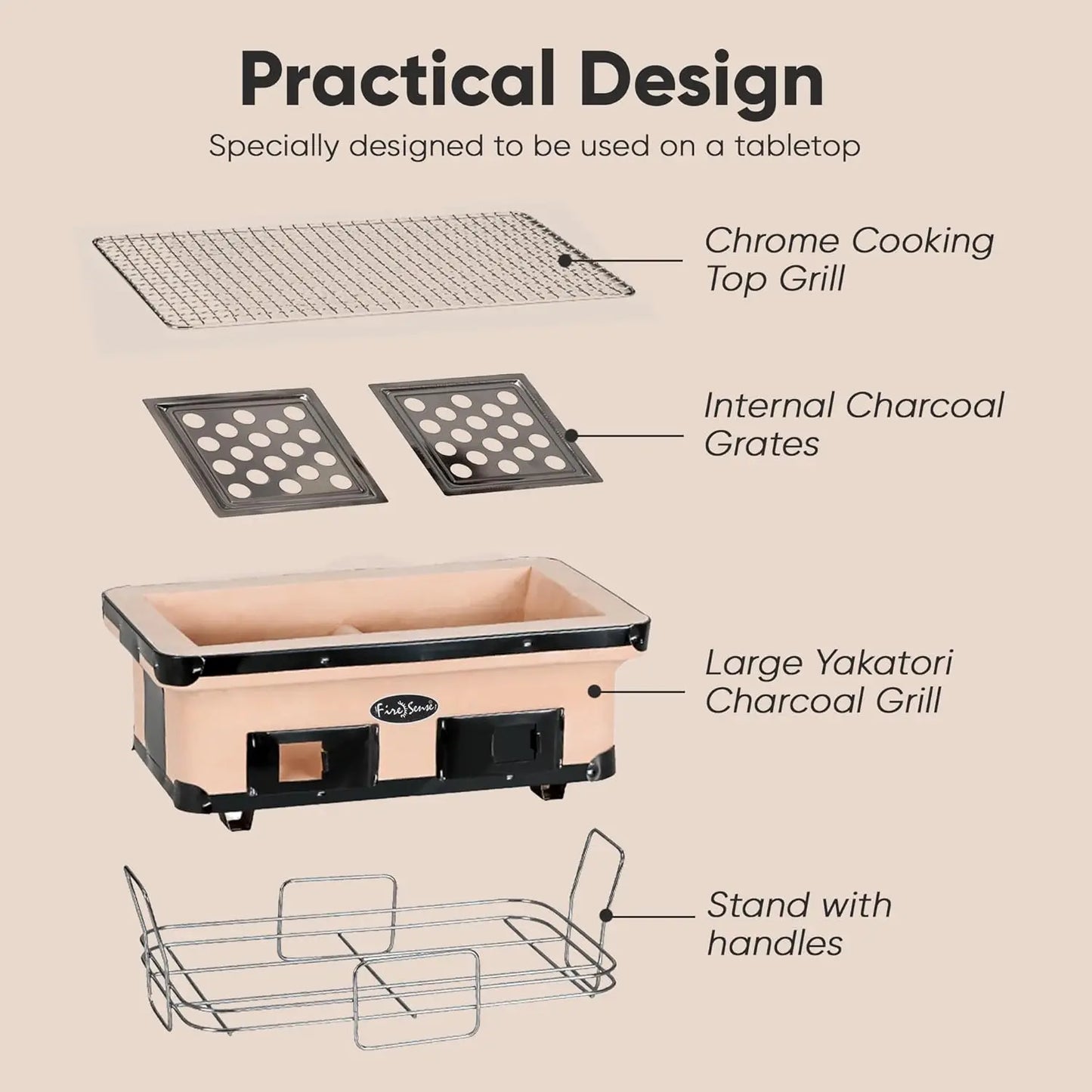 Yakatori Japanese Tabletop Charcoal Grill – Handmade Clay BBQ with Adjustable Vents, Chrome Cooking Grate & Internal Charcoal Trays | 18” Tan Outdoor Grill