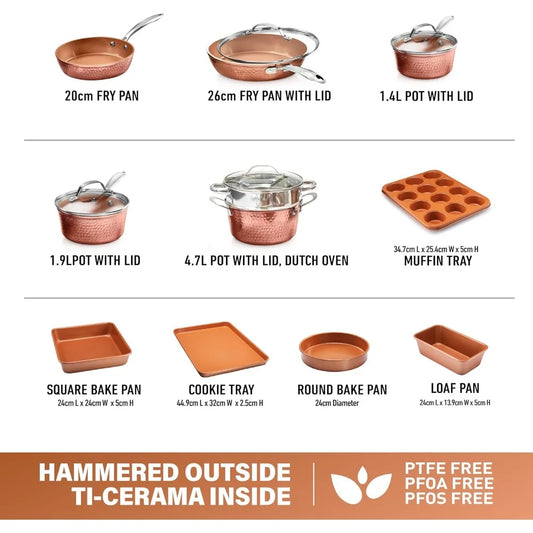 Gotham Steel 15-Piece Hammered Copper Cookware & Bakeware Set – Nonstick Ceramic, Oven & Metal Utensil Safe