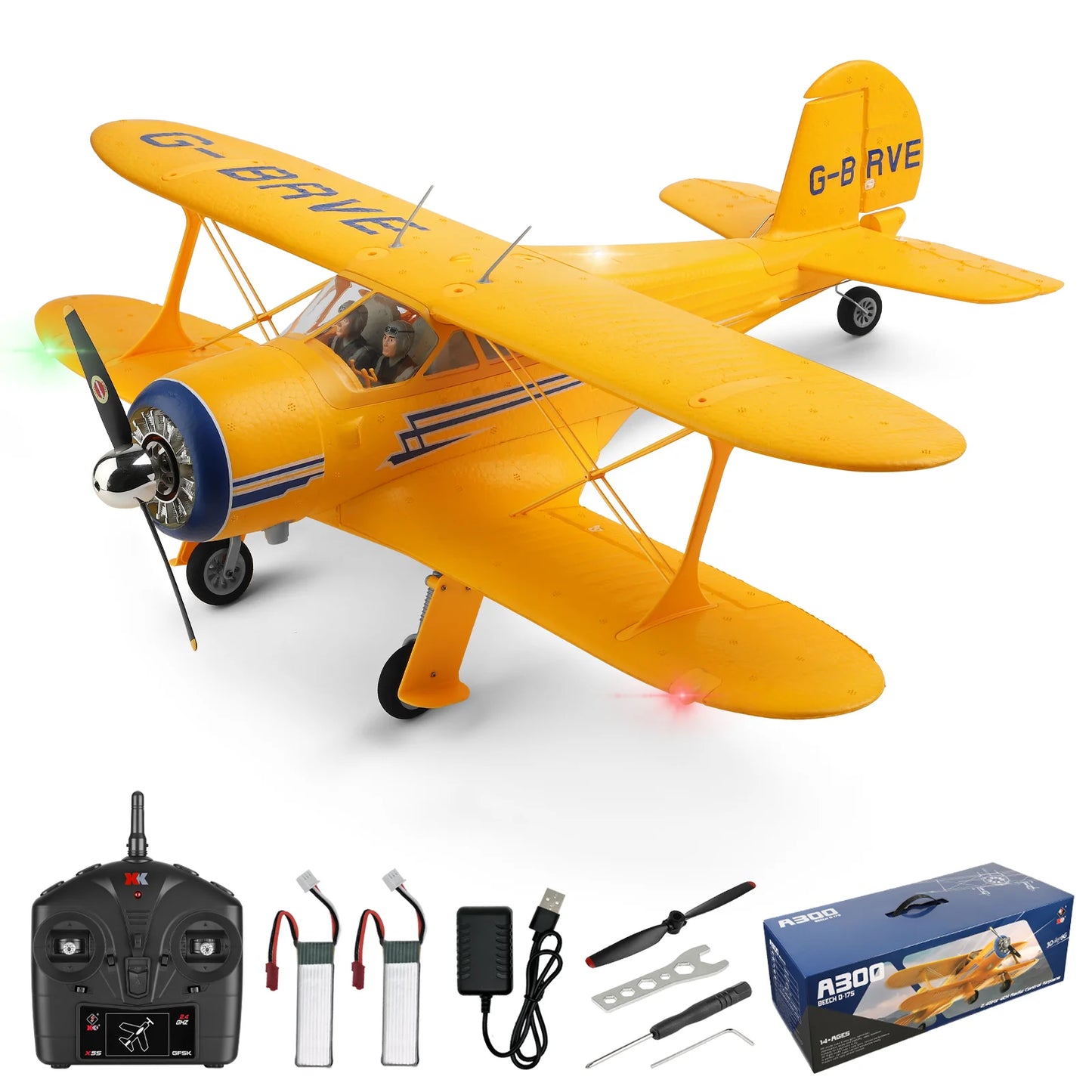 WLtoys A300 Beechcraft D-17 RC Plane – 4 Channel Brushless Remote Control Airplane with Lights, Dual Batteries, 2.4GHz Radio System