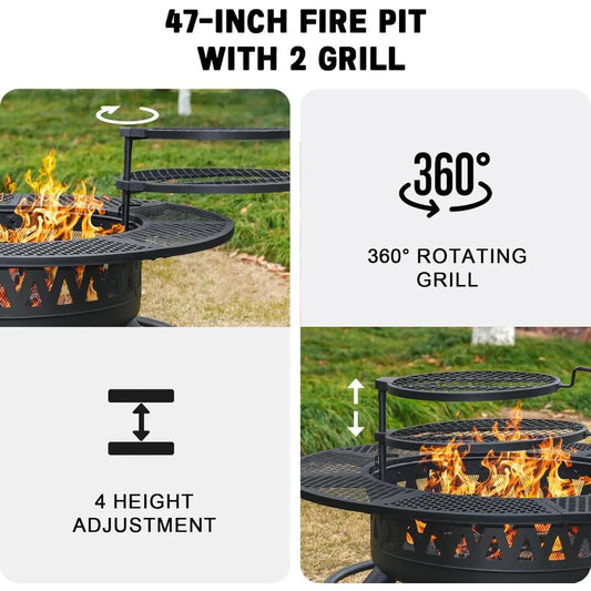47" Extra Large Outdoor Fire Pit with 2 Rotating Grills – 3-in-1 Wood Burning Patio Firepit with Tabletop Lid for BBQ, Camping & Backyard Gatherings