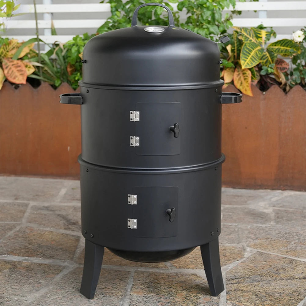 Vertical Charcoal Smoker with Built-in Thermometer – 3-Tier BBQ Smoker Grill with 2 Access Doors – Round Portable Smoker for Camping, Backyard, and Outdoor Cooking