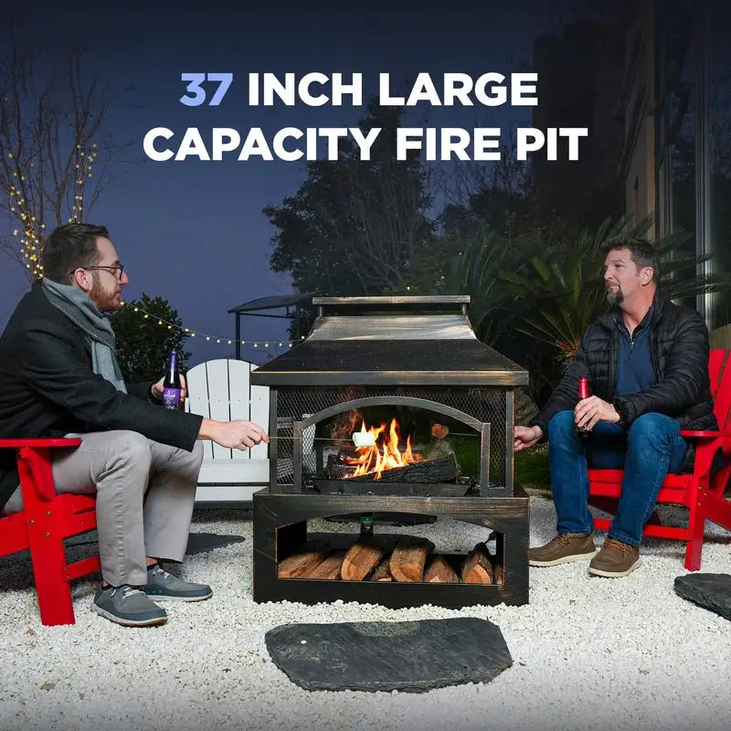 37" Outdoor Fire Pit with Wood Storage, Large Wood-Burning Fireplace with Chimney, Mesh Spark Screen & Fire Poker, Perfect for