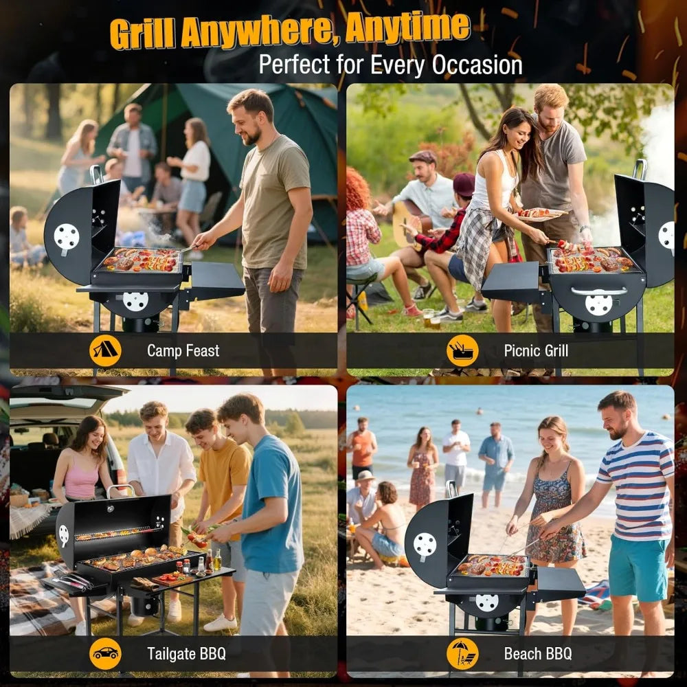 Outdoor Barrel Charcoal BBQ Grill with Side Table and Wheels – High-End Smoker Combo