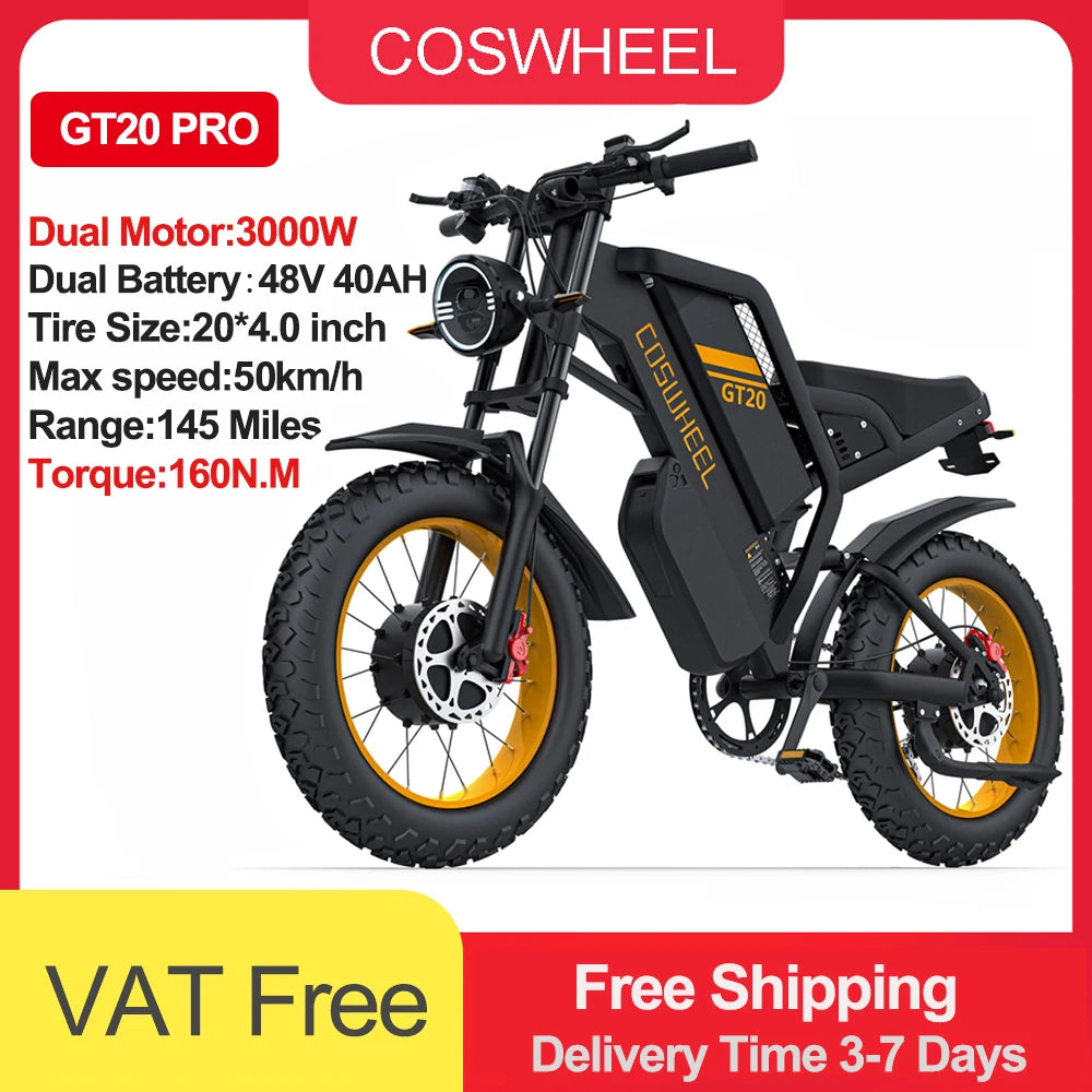 COSWHEEL GT20 PRO Dual Motor Electric Bike – 3000W, 40Ah Battery, 31MPH Fat Tire Off-Road E-Bike